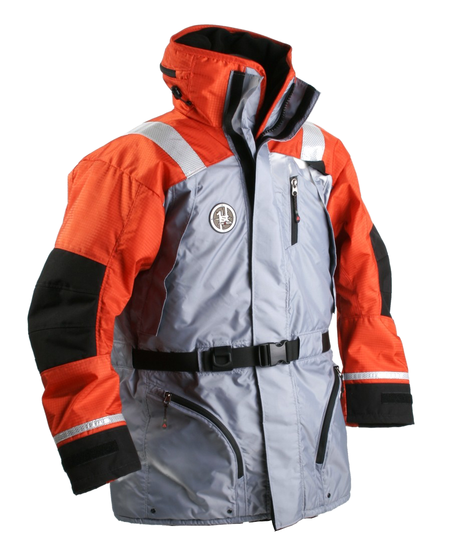 sturdy padded grey and orange rescue jacket.