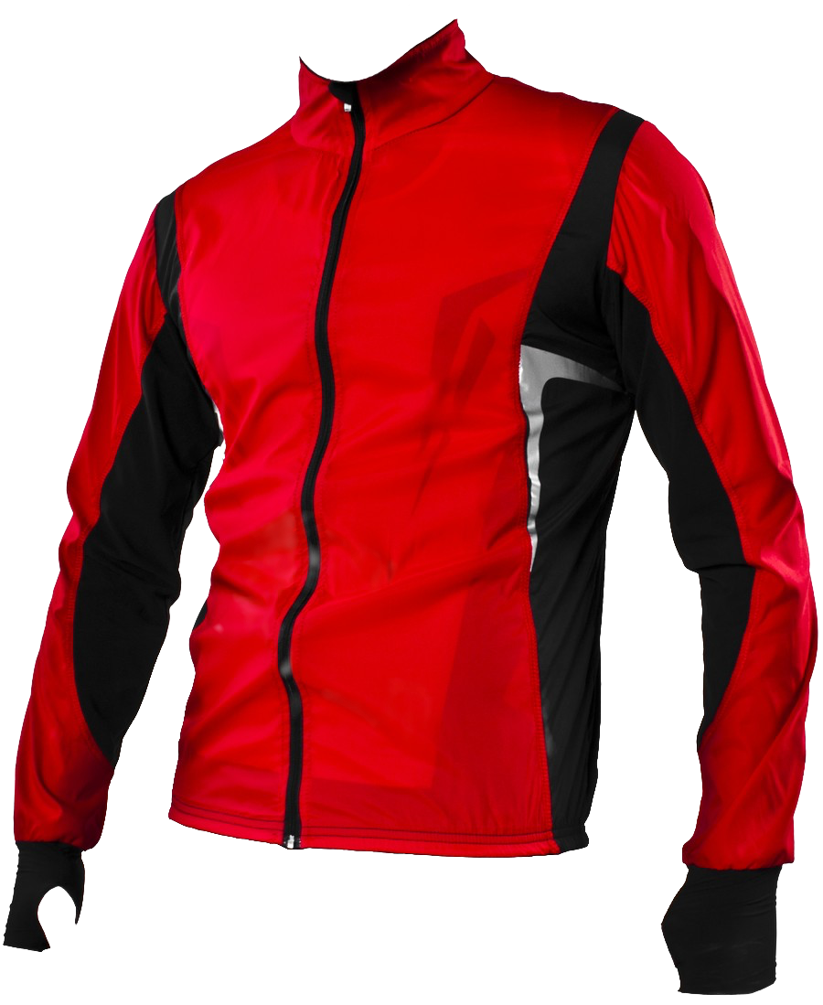 red and black windbreaker. (not waterproof).